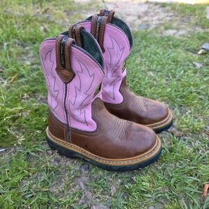 John Deere Boots Girls Size 10 Pink Brown Leather Western Cowboy Pull On JD2183